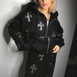 image-European and American station cross-border women's autumn new 2023 European and American loose top cross ironing diamond zipper hooded sweater