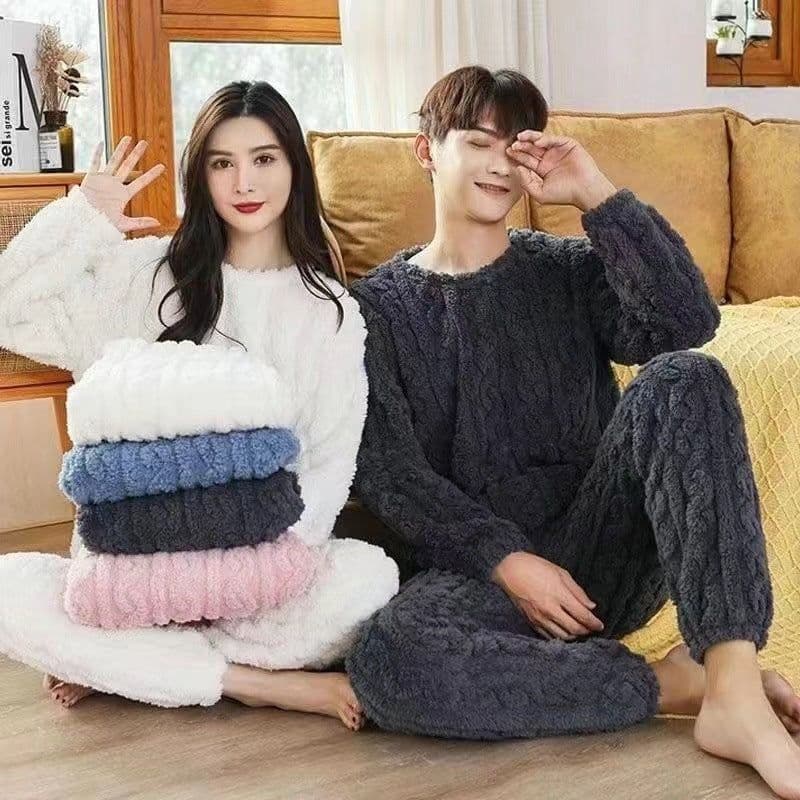 image-2023 Winter Solid Color Jacquard Uniform Warm Suit for Men and Women Comfortable Cotton Velvet Thickened Warm Home Clothes Suit Pajamas