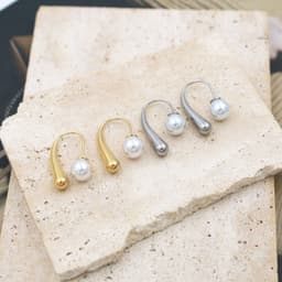image-Geometric Pearl Drop Earrings - Steel 18K Gold Plated