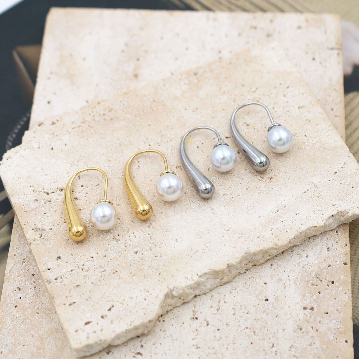 image-Geometric Pearl Drop Earrings - Steel 18K Gold Plated