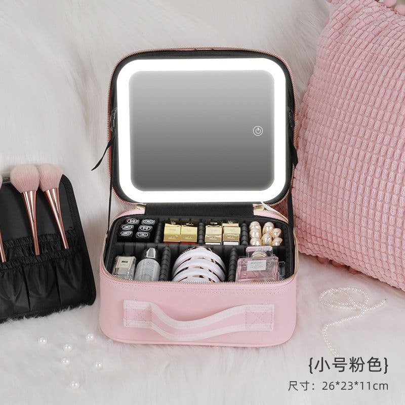 image-Cosmetic bag with light and full-screen mirror cosmetic storage bag portable travel portable cosmetic bag female large capacity