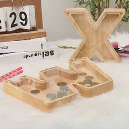 image-Wooden Alphabet Piggy Bank 26 Letters Toy Transparent Acrylic Ornament