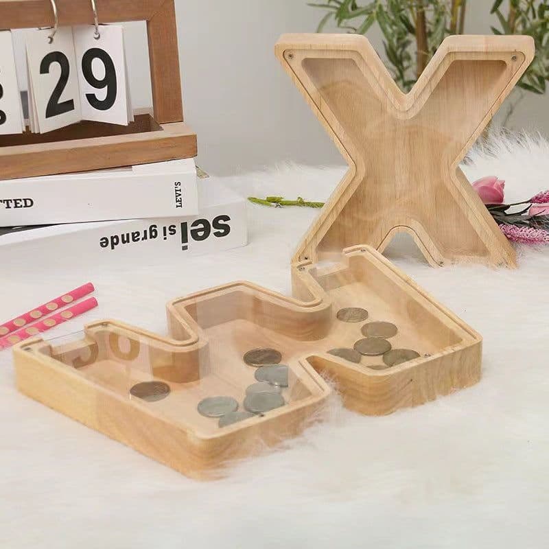 image-Wooden Alphabet Piggy Bank 26 Letters Toy Transparent Acrylic Ornament