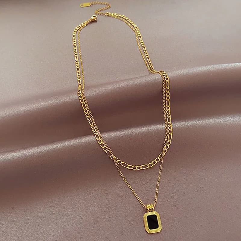 image-Double-layer stacked black square brand necklace women's autumn and winter advanced design collarbone chain niche light luxury titanium steel sweater chain