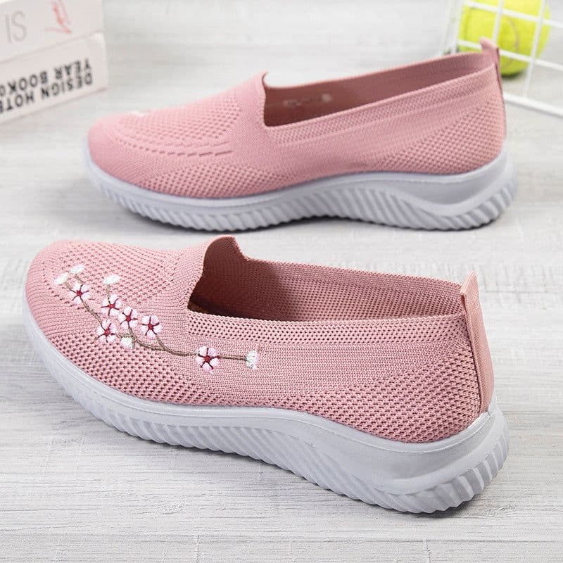 image-Women's Embroidered Sports Shoes - Lightweight, Pink/Black/Gray, Flat Heel