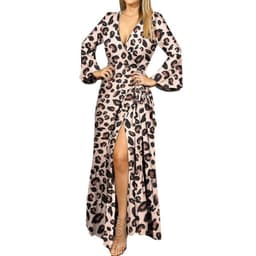 image-Leopard Print U-Neck Dress - Long Sleeve Polyester XXXL