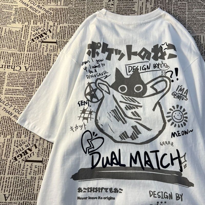 image-Cartoon Print T-Shirt - White Cotton Loose Fit