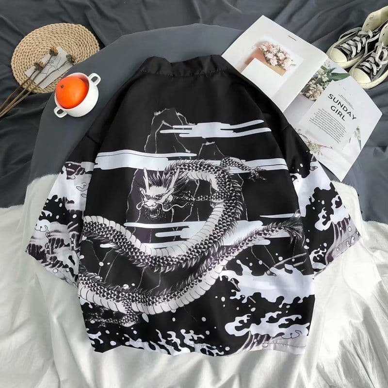 image-A generation of Japanese ukiyo-e Taoist robe sea wave carp kimono male and female couple three-quarter sleeve shirt wholesale
