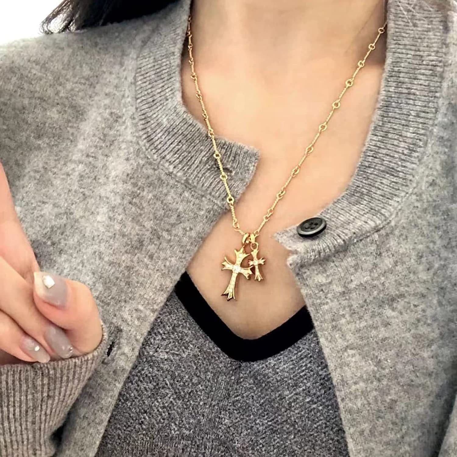 image-Crowe Necklace Cross Diamond Double Cross Pendant Gold-plated Men and Women Couple Necklace Sydney Same Style Jewelry