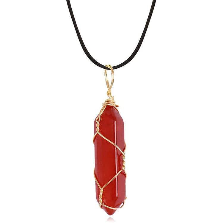 image-Red Agate Crystal Pendant Necklace With Golden Leather Cord For Women