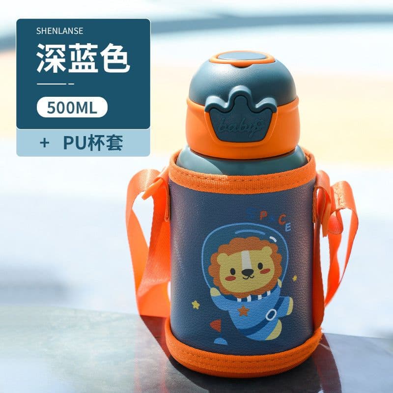 image-Stainless Steel Thermos Cup - Purple 500ml Cartoon Straw Kids' Kettle