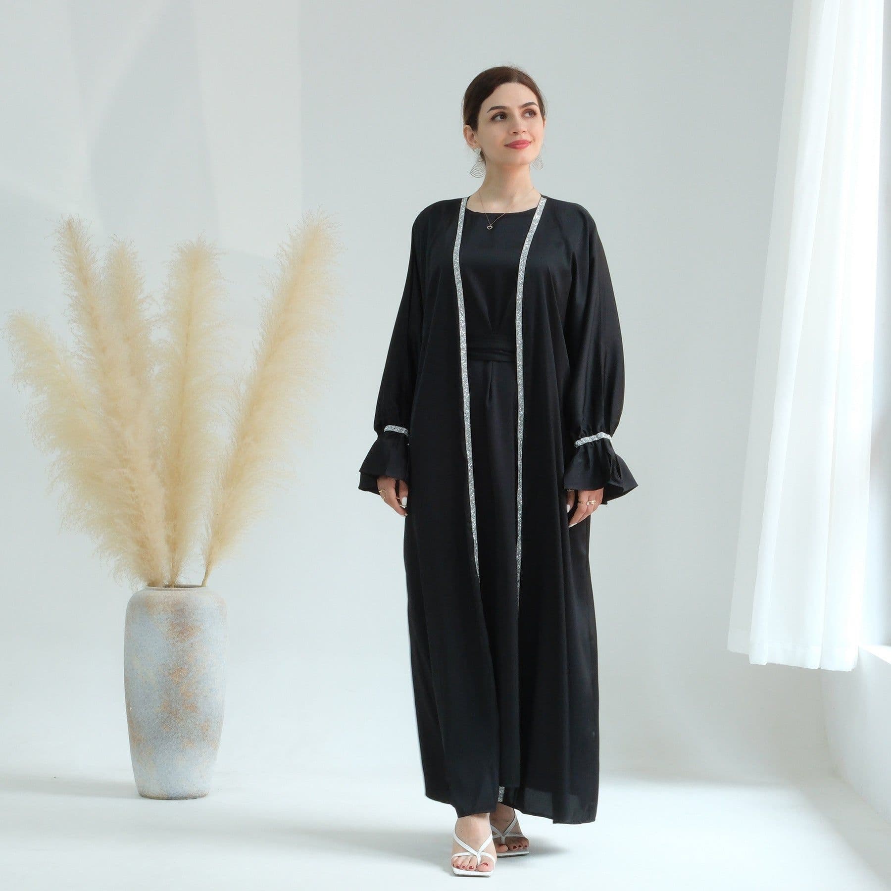 image-Loriya AliExpress Amazon Dubai Daily Solid Color Beaded Small Trumpet Sleeve Dress Robe LR633