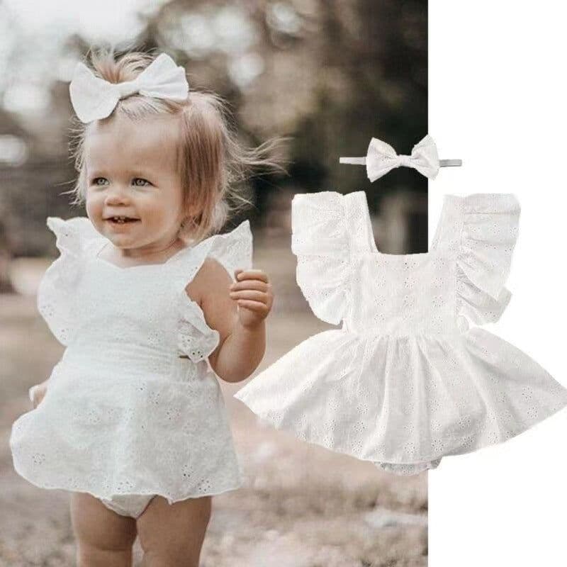 image-Girls' Romper Dress - White Solid Color Summer