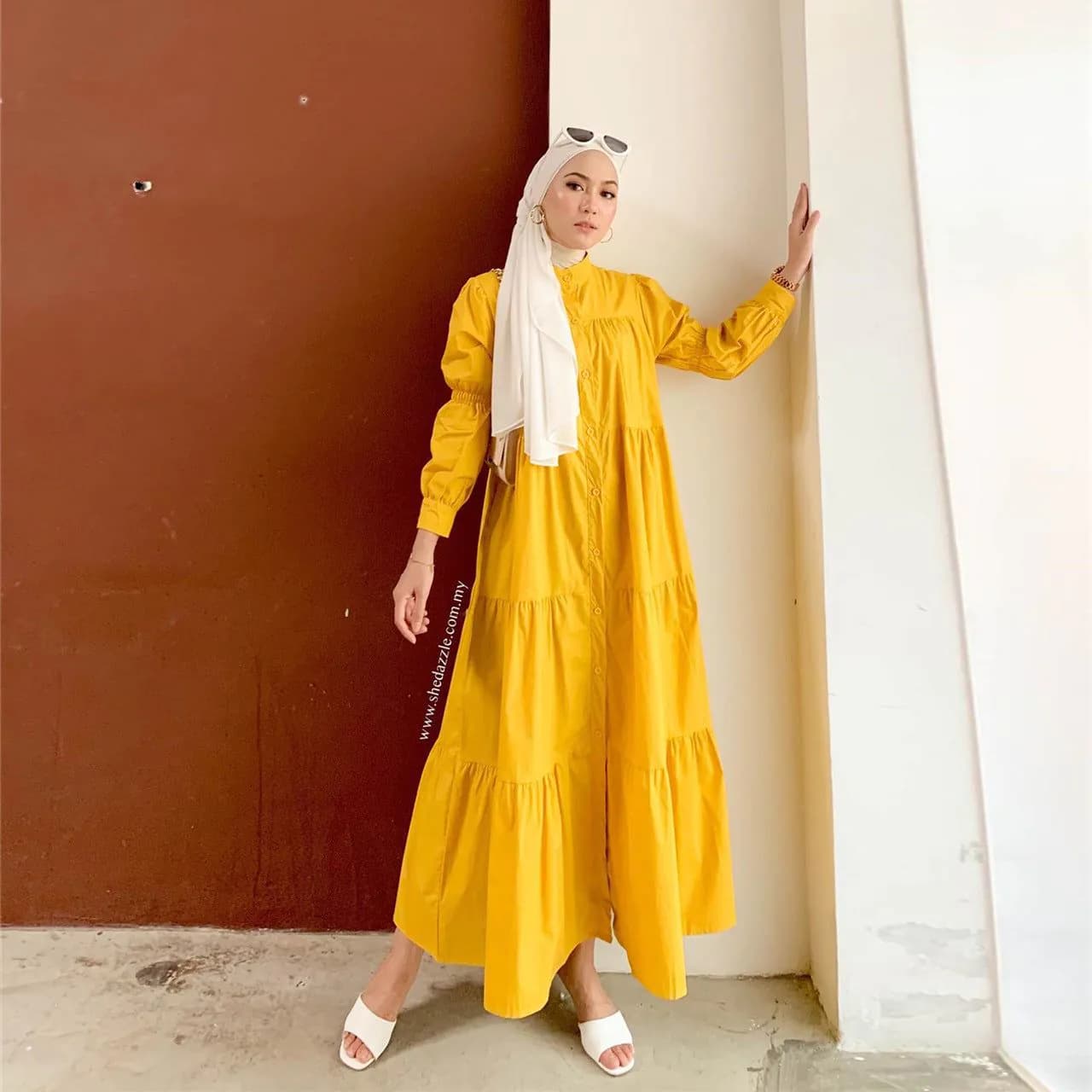 image-Cotton Blend Maxi Dress - Dark Green Puff Sleeves
