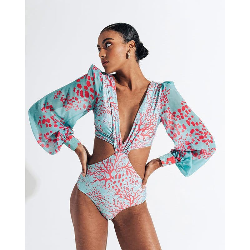 image-2022 new European and American sexy backless long-sleeved bikini one-piece high waist tie swimsuit female bikini