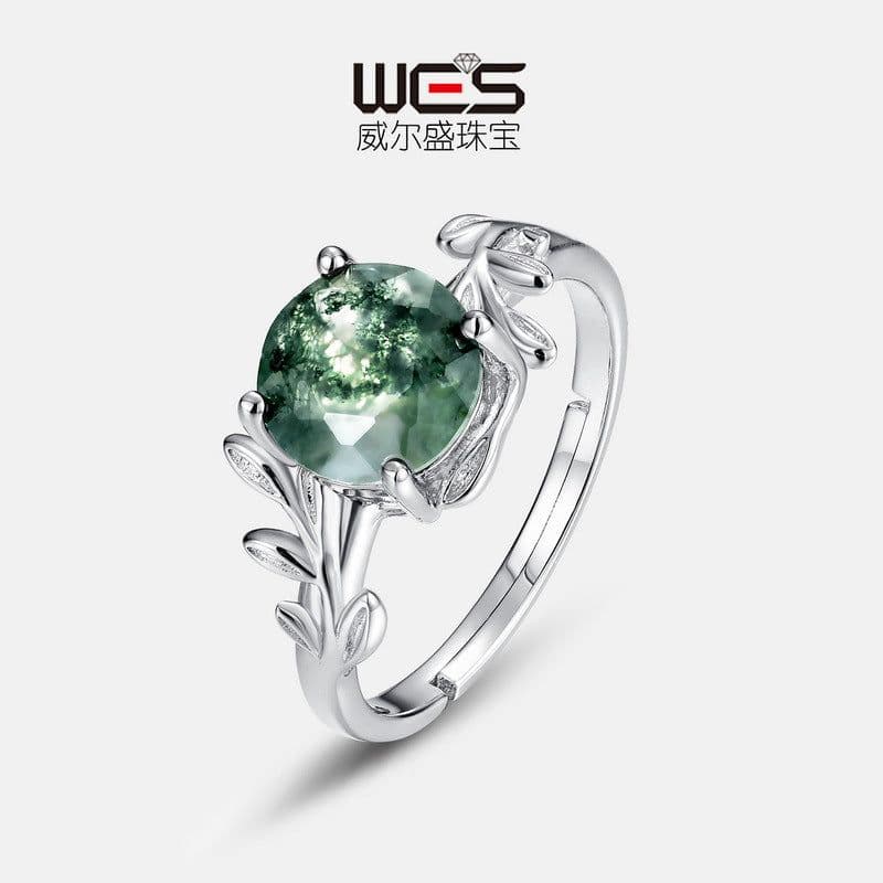 image-European and American cross-border hot sale S925 silver green moss ring water grass agate stone ring unique elegant temperament European and American style