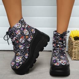 image-Women's Martin Boots - Black Skull PU Lace-Up Mid Heel