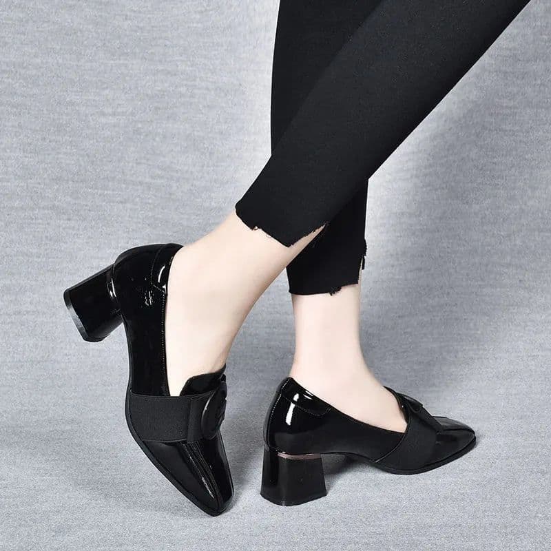 image-Women's PU Leather Square Toe Chunky Heel Shoes - Khaki