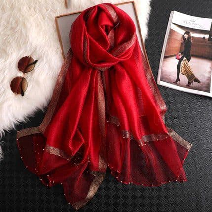 image-Silk Scarf Women 70x190cm Beaded Gold Edge Summer Beach