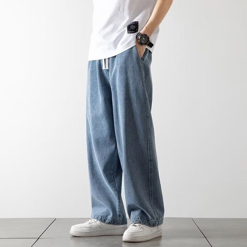 image-Straight Jeans Men Gray Mid-Rise Loose Wide-Leg