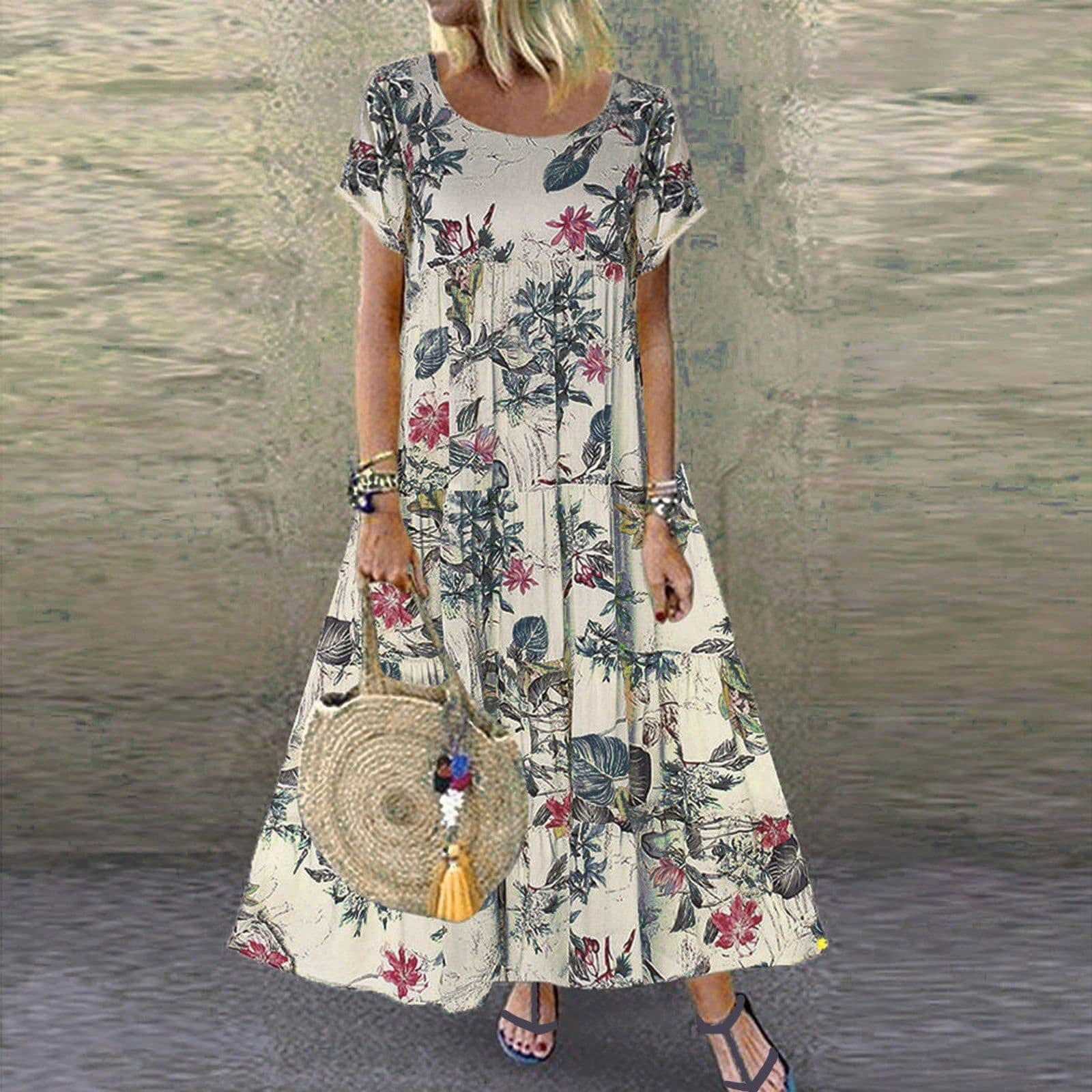 image-Women's Retro Floral Print Short Sleeve Dress