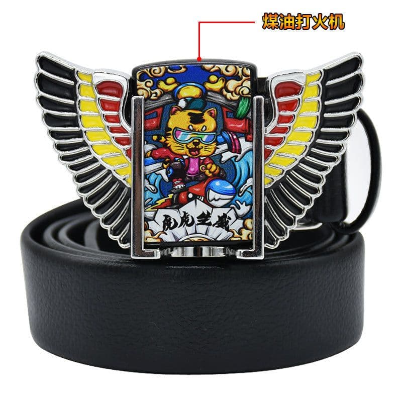 image-Men's Leather Belt - Black Punk Buckle