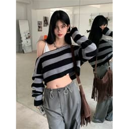 image-Women's Off-Shoulder Striped Sweater - Loose Fit Long Sleeve