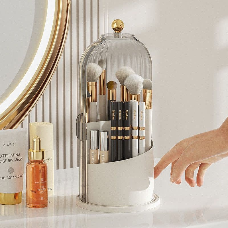 image-Light luxury bird cage lid cosmetic storage box desktop rotatable compartment storage tube transparent dustproof makeup box with cover