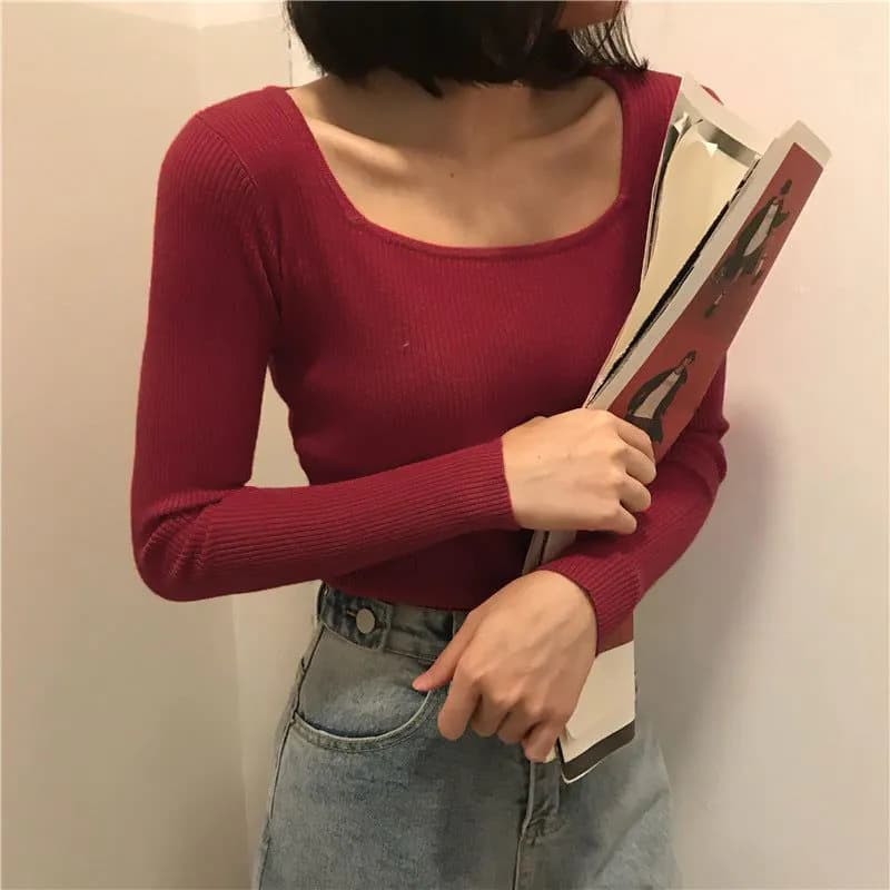 image-Retro High-End Square Collar Long-Sleeve Sweater - Coffee, Women