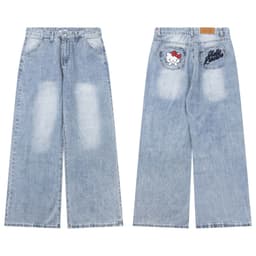 image-National trend street washed distressed cartoon cat letter embroidered jeans unisex fashion brand loose wide-leg trousers