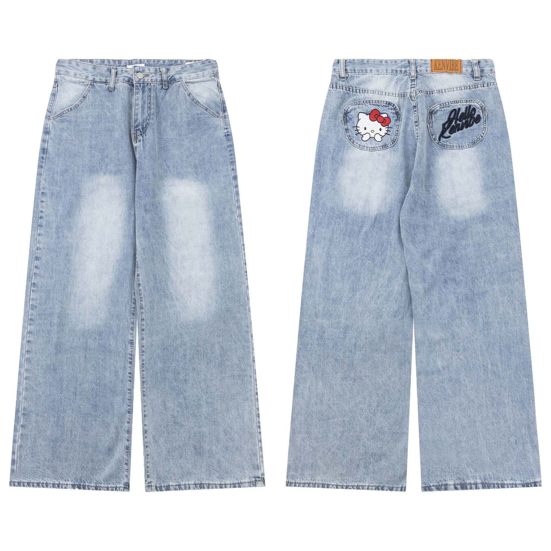 image-National trend street washed distressed cartoon cat letter embroidered jeans unisex fashion brand loose wide-leg trousers