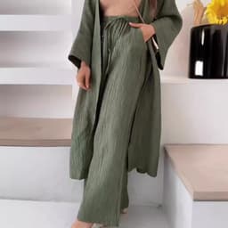 image-Women's Pleated Top & Casual Pants Set - Polyester