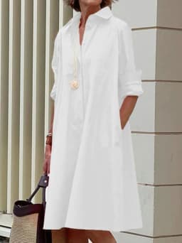image-White Polyester Shirt Dress For Women Long Sleeve Loose Fit
