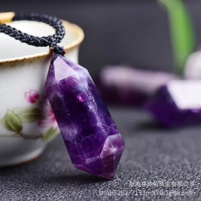 image-Natural fantasy amethyst double-pointed hexagonal prism pendant amethyst rough polished crystal crafts factory wholesale