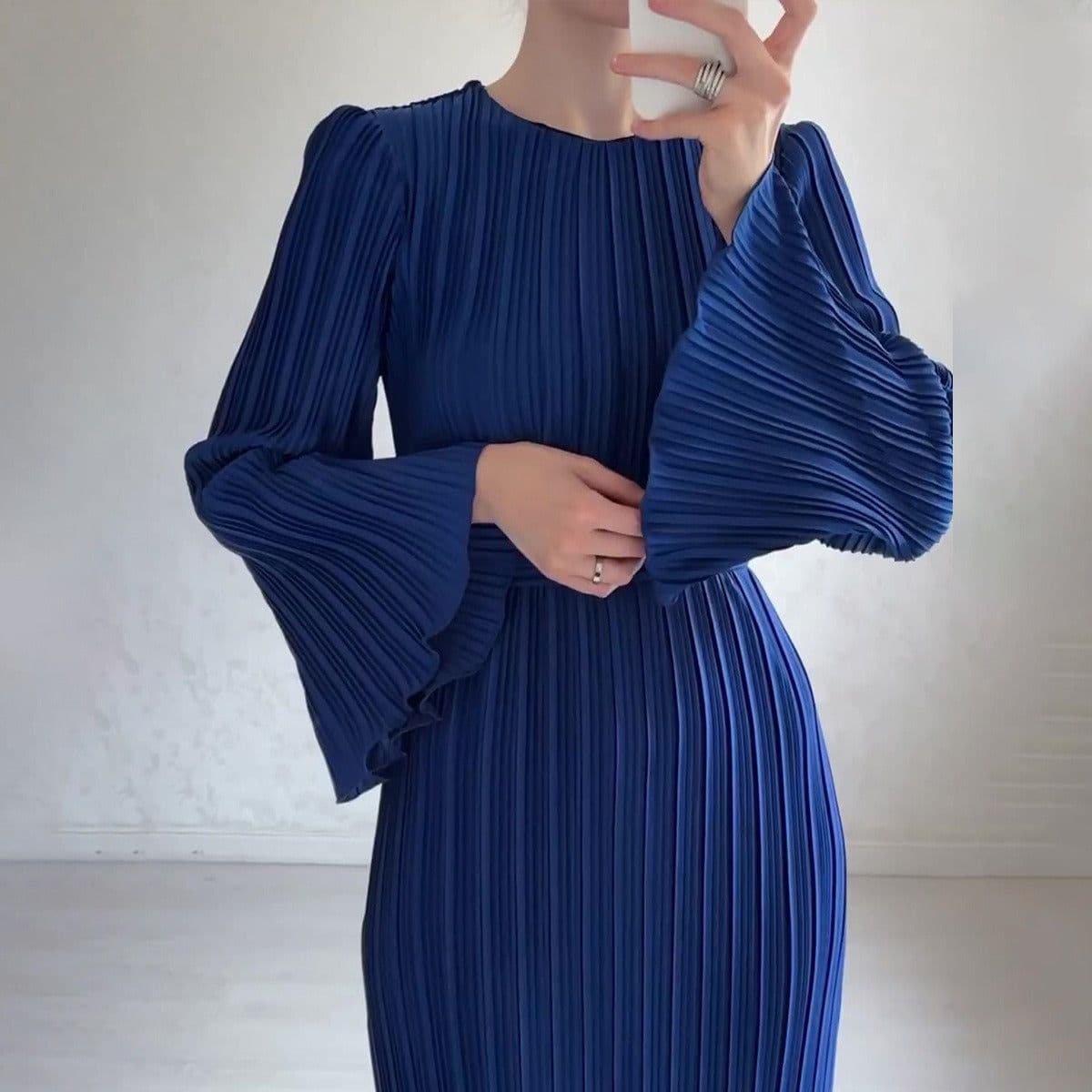 image-2023 Autumn Long Skirt Dress - Brown Pleated Bell Sleeve XXL