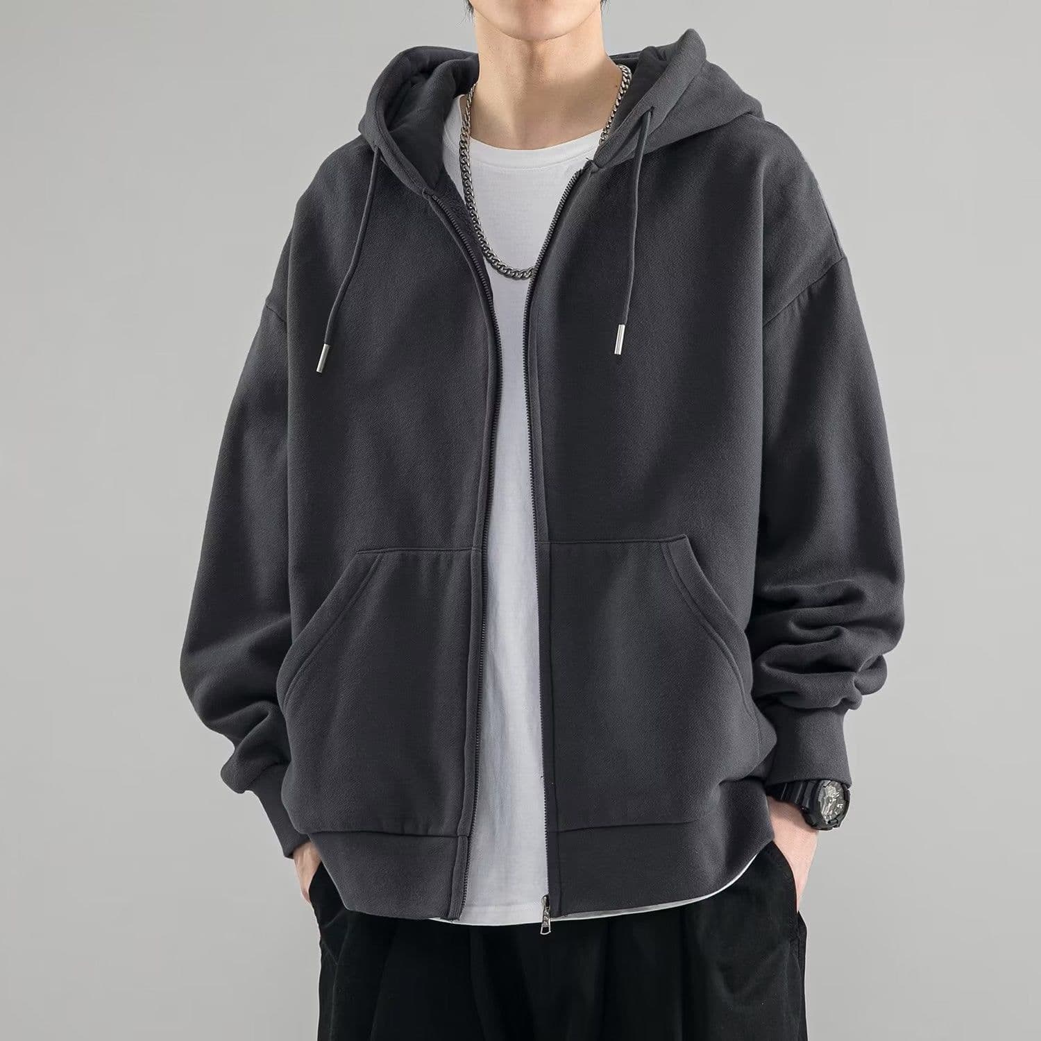 image-Men's Hooded Cardigan Sweatshirt - Dark Gray, 5XL, Loose Fit