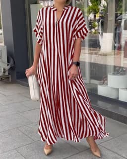 image-Striped Cardigan Dress - Blue V-Neck Long Sleeve