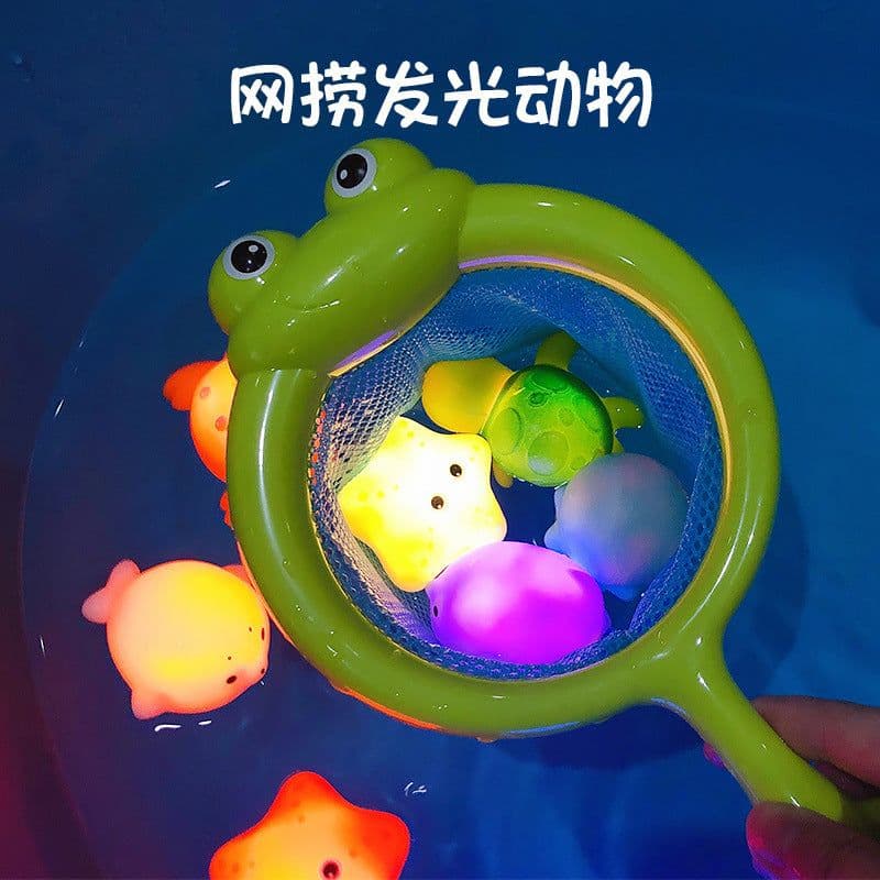 image-Cross-border induction light-emitting animal floating water light net fishing fish play water toy children's baby bath vinyl toy