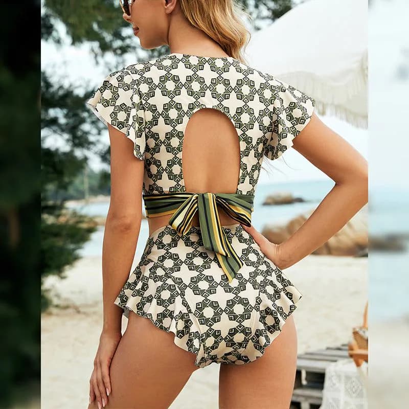 image-Women's Bikini Swimsuit - Green Triangle V-Neck XL
