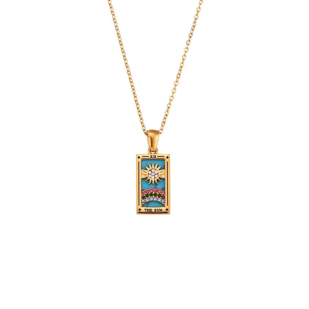 image-European and American ins fashion retro popular hot selling pendant jewelry stainless steel rectangular zircon tarot necklace