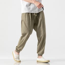 image-Jin Geyi Men's 5XL Japanese Harem Pants - Light Yellow Flax