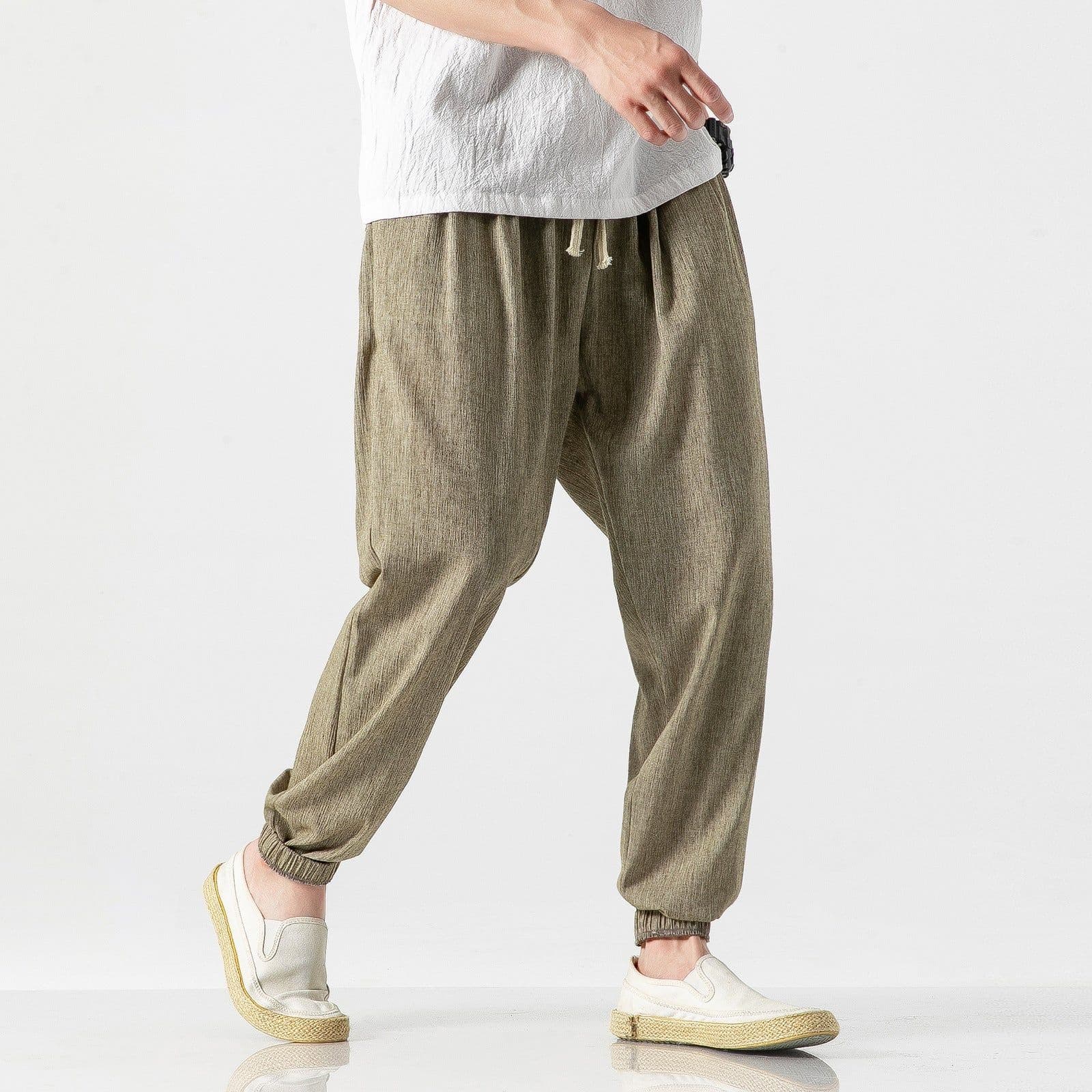 image-Jin Geyi Men's 5XL Japanese Harem Pants - Light Yellow Flax
