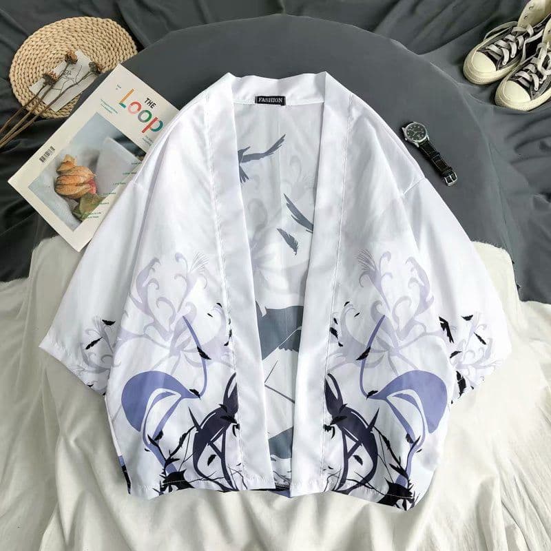 image-A generation of Japanese ukiyo-e Taoist robe sea wave carp kimono male and female couple three-quarter sleeve shirt wholesale