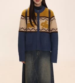 image-Moromoro Rabbit Jacquard Cardigan - Yellow L