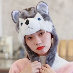 image-Women's Pink Plush Knit Hat - Cartoon Cat Dome Style