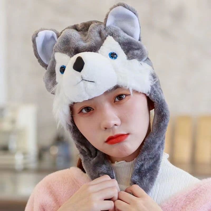image-Women's Pink Plush Knit Hat - Cartoon Cat Dome Style