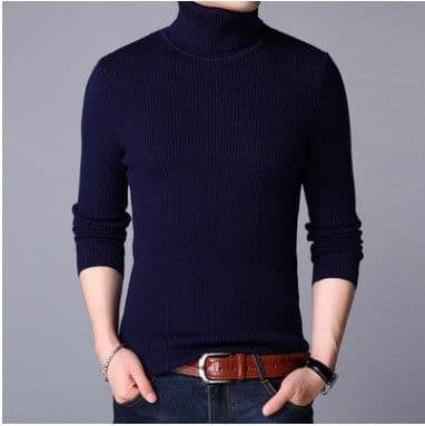 image-2022 autumn and winter new European and American cross-border men's vertical strip knitted pullover slim fit and thin solid color bottoming sweater men