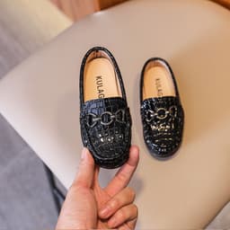 image-Kids Black Leather Loafers - Slip-On Dress Shoes
