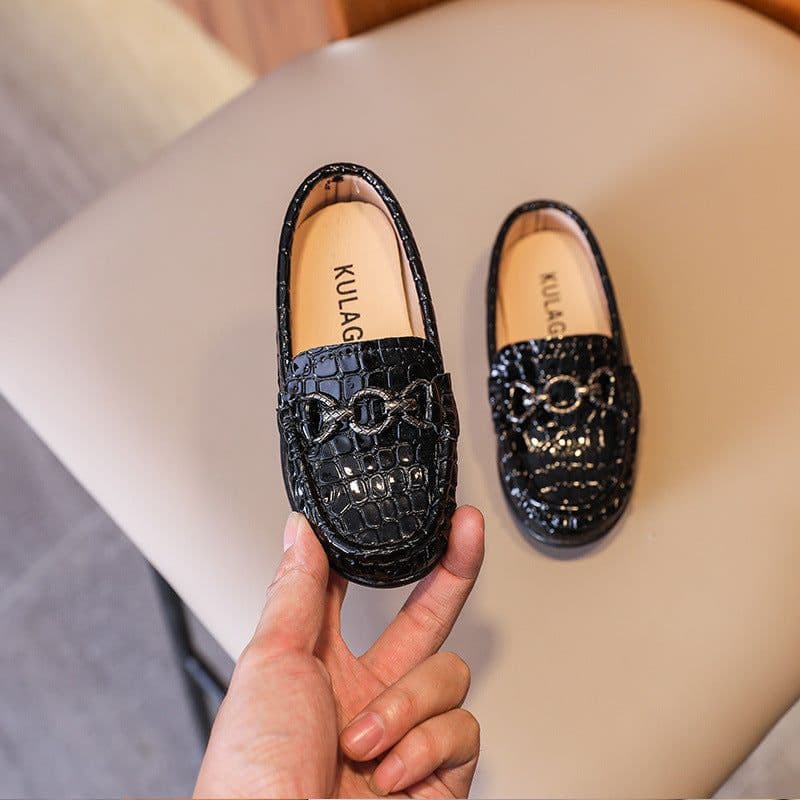image-Kids Black Leather Loafers - Slip-On Dress Shoes