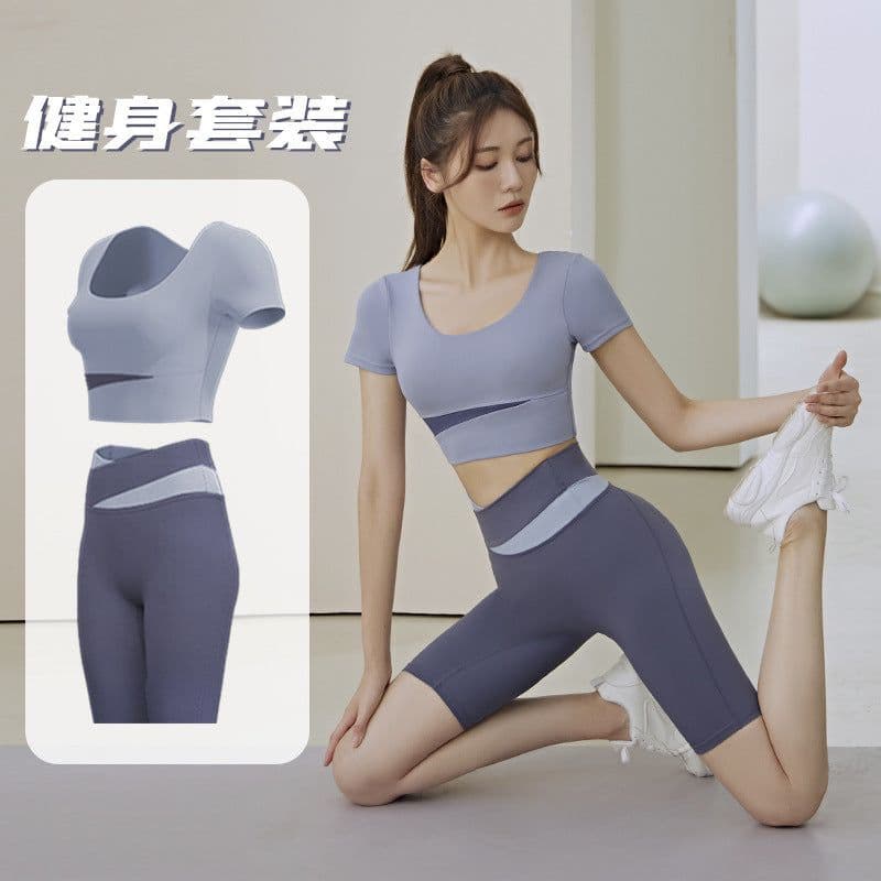image-Summer new one-piece fixed chest pad sports top yoga pants suit fitness short-sleeved beauty back two-piece set for women
